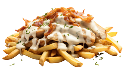 fast food, small pieces of cut up roast chicken sitting on a bed of hot thick fries, small pieces of bacon, all covered in thin creamy drizzle of white sauce in a zig zag pattern over everything