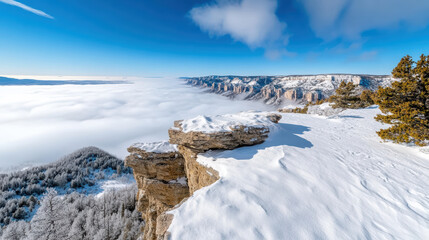 Snowy mountaintop view cloud inversion valley winter landscape blue sky