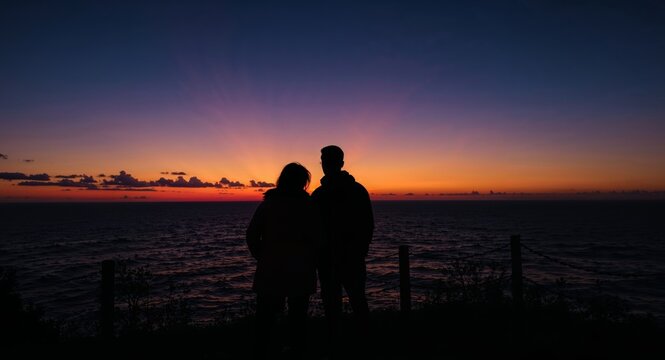 Silhouette Couple Gazing at a Breathtaking Sunset Over the Sea Horizon.