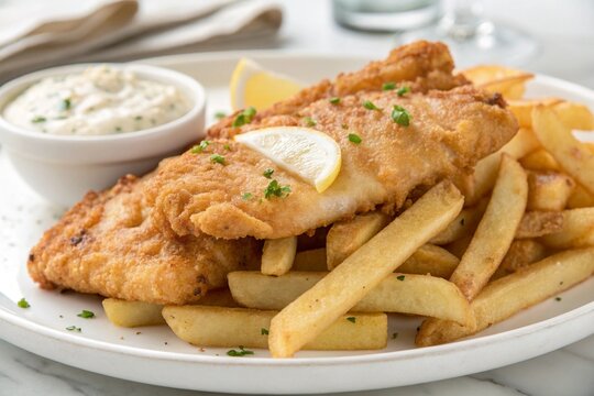 Delicious battered fish and crispy chips served with tartar sauce isolated on white background