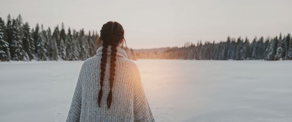 Girl with Braids in Winter Landscape, Serene Frozen Lake Scenery at Sunset.