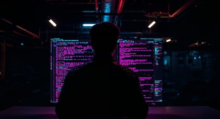Dark Silhouette of a Coder Working on a Complex Program in a NeonLit Room