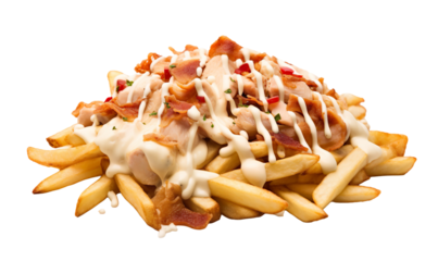 fast food, small pieces of cut up roast chicken sitting on a bed of hot thick fries, small pieces of bacon, all covered in thin creamy drizzle of white sauce in a zig zag pattern over everything