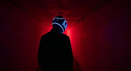 Mysterious Figure in Red Tunnel, Glowing Mask Illuminates the Dark, Futuristic Theme