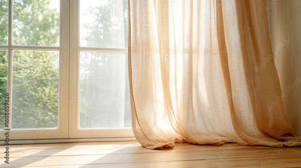 Poster soft curtains gently sway in sunlight by open window, creating serene atmosphere