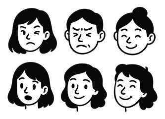 Cartoon vector faces showing different emotions of women and men in black and white line style