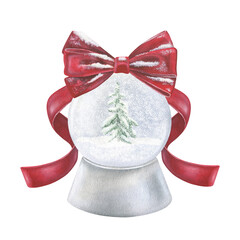 Snow Globe with a Christmas tree inside. Watercolor illustration of a glass snowball. Hand drawn holiday vintage sketch of Snowglobe on white isolated background. Water color painting art image
