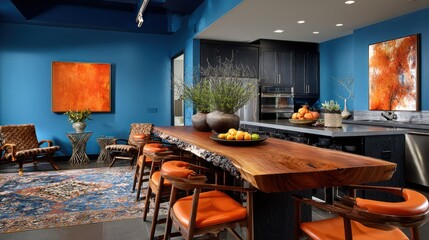 Stylish kitchen area with a long wooden table, artwork, and chairs, blending modern and rustic elements