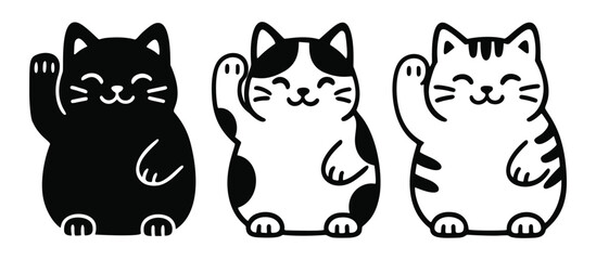 Cute black and white maneki-neko lucky cats with raised paws in simple cartoon vector style