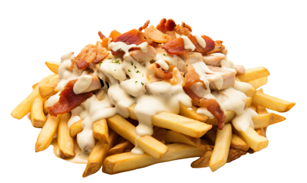 fast food, small pieces of cut up roast chicken sitting on a bed of hot thick fries, small pieces of bacon, all covered in thin creamy drizzle of white sauce in a zig zag pattern over everything