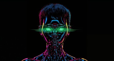 Neon Cyborg. Cybernetic Humanoid with Glowing Eyes and Intricate Metal Structure.