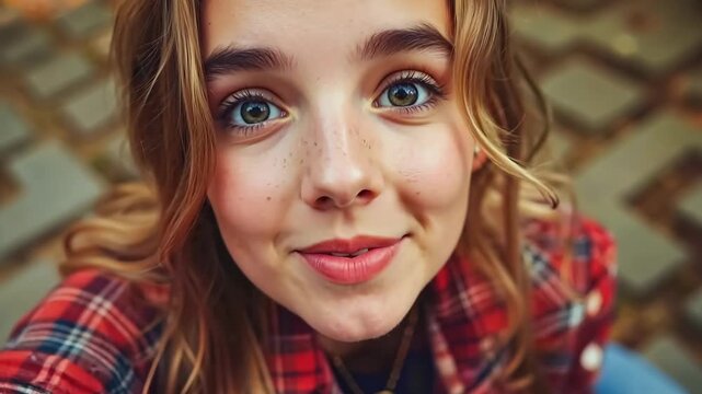 A young girl with blue eyes and a red plaid shirt