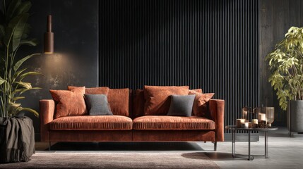 Obraz premium Interior scene with orange sofa, plants, dark textured wall, and a small coffee table