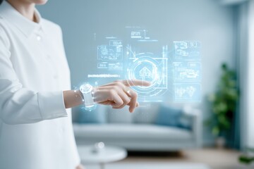 A person interacts with a futuristic digital interface displaying real estate and home-related data in a modern living room.