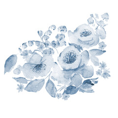 Blue flowers watercolor, gentle Bouquet, abstract.