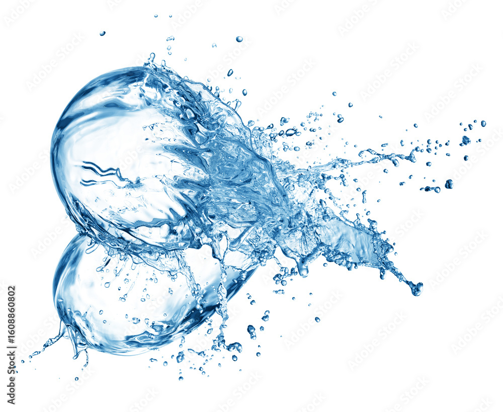 Poster dynamic blue liquid splashing over two clear glass spheres creating an abstract explosion of water d