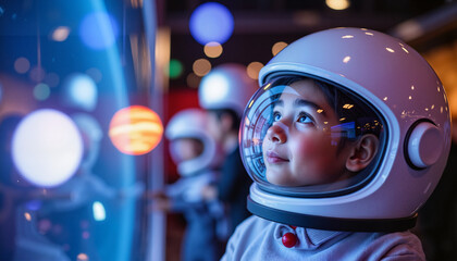 Young child in astronaut helmet looking at space exhibit indoors  
