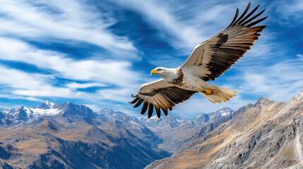 Fototapeta premium Majestic eagle soaring above mountain range, showcasing freedom and beauty in nature