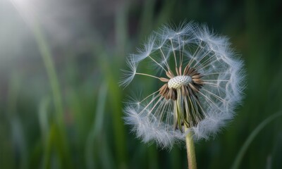 Fototapeta premium Close-up of a dandelion seed head, soft light, blurred green background