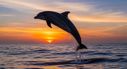 Dolphin leaping from ocean at sunset with vibrant sky