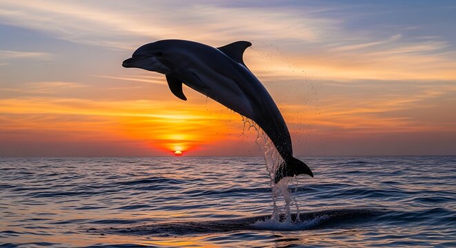 Dolphin leaping from ocean at sunset with vibrant sky