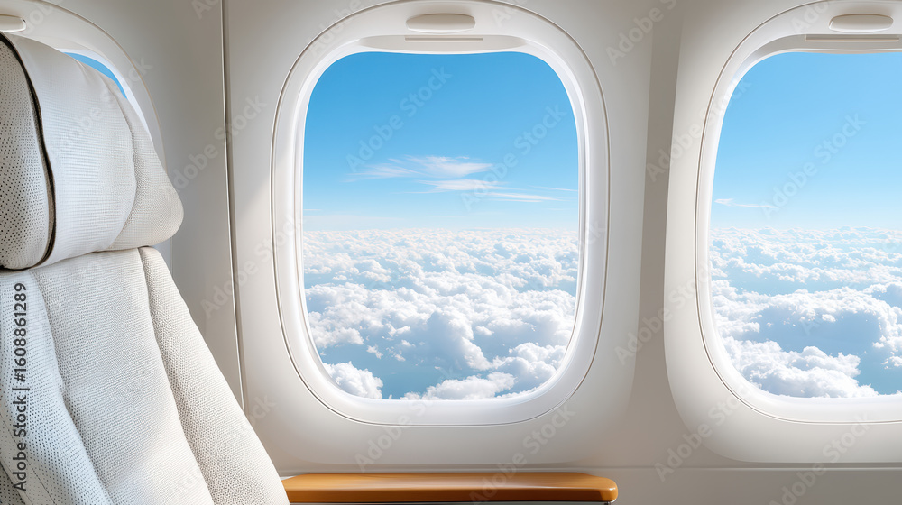 Poster empty airplane cabin with window views of soft clouds and blue sky, creating serene atmosphere