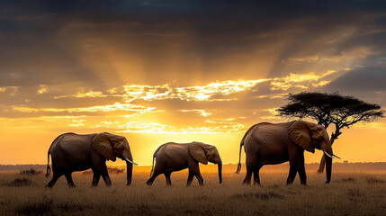Fototapeta premium Majestic elephants walking in silhouette against stunning sunset, showcasing nature beauty