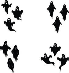 Set of Spooky Halloween ghost figures silhouette. Black and white vector editable file. Ghost, Witch, Witch Hat, Broomstick, Black Cat, Bat, Spider, Spider Web, Skeleton