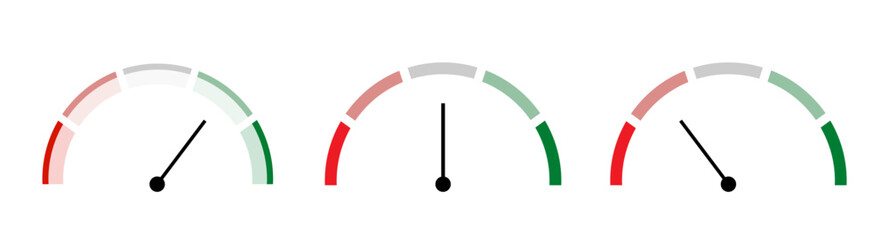 Risk meter icon set. Risk concept on speedometer. Set of gauges from low to high.  Vector illustration.