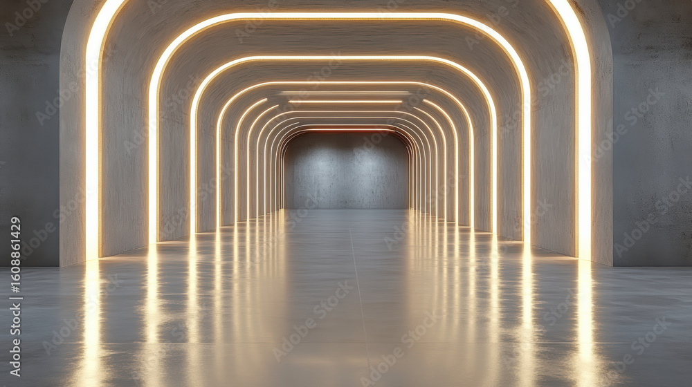 Poster modern empty hallway features glowing arches and reflective floor, creating serene atmosphere