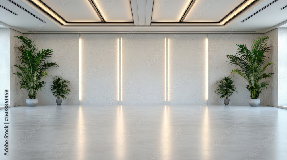Poster modern empty hallway with elegant plants and soft lighting creating serene atmosphere