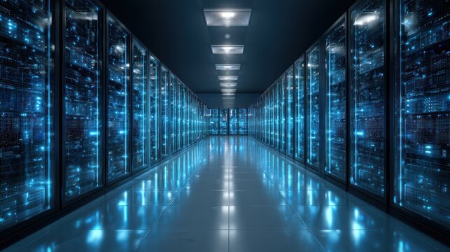 Long perspective view of a data center hallway with rows of glowing servers - Powered by Adobe