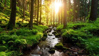 Fototapeta premium Sunlight streams through forest trees with flowing river, and lush green nature scene.
