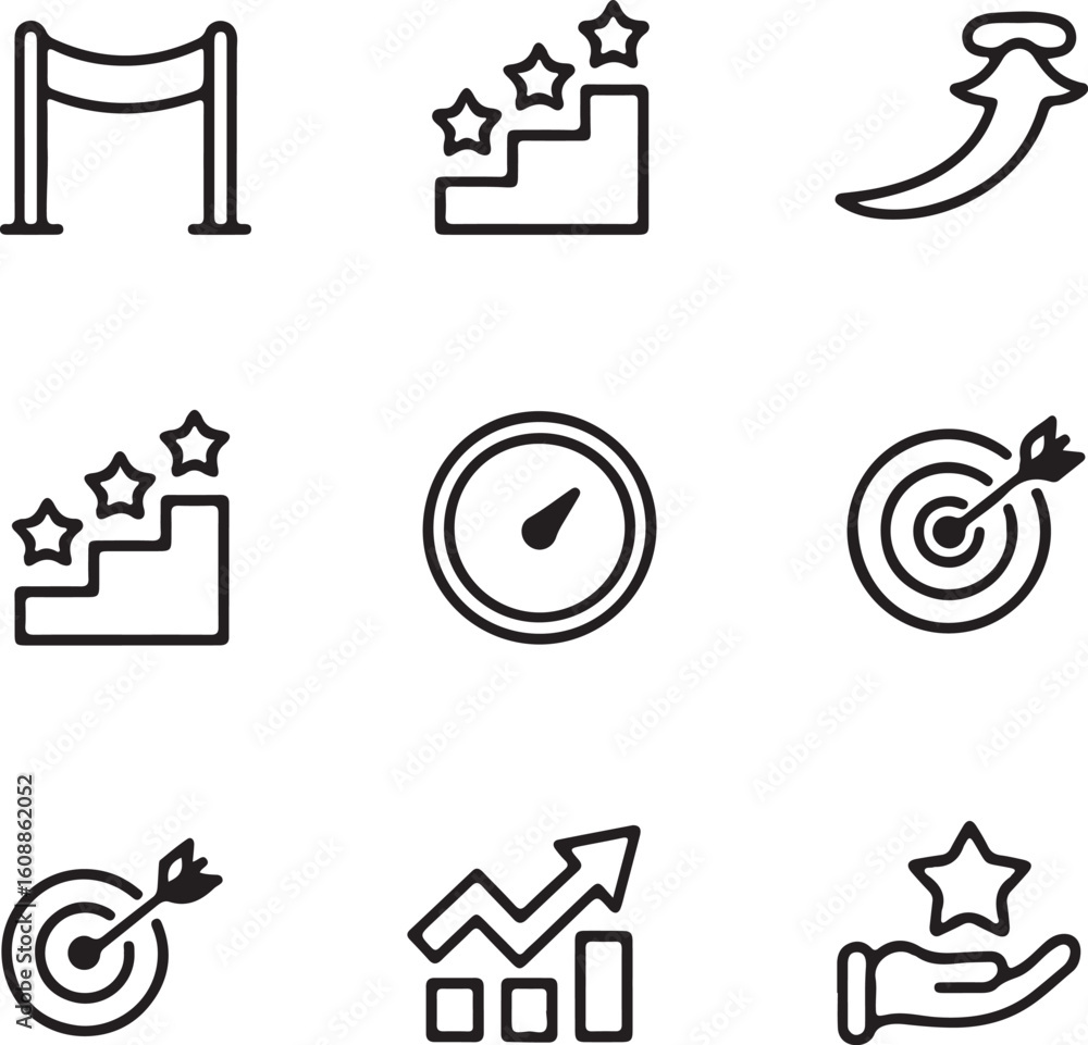 Poster achievement and success icon set a collection of nine distinct icons representing goals progress per