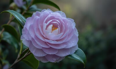 Close-up of a delicate, light purple camellia flower with water droplets, lush green leaves