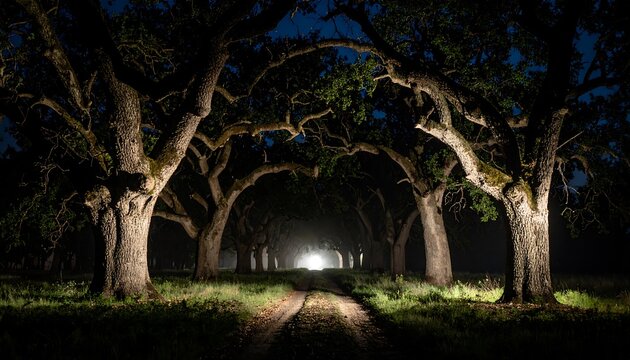 Illuminated Country Road Underneath Oaks at Night