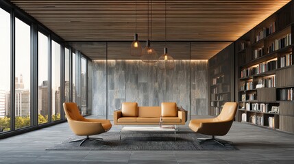 Luxurious living space featuring leather seating, floor-to-ceiling windows, and built-in bookshelves