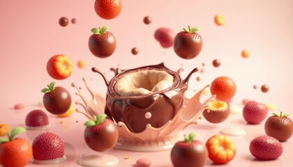 Charming Dessert Still Life with Chocolate Pot and Floating Fruit Delights