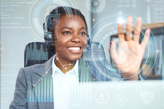 Smiling Professional Using Futuristic Touchscreen Interface With Holographic Graphics, Representing Innovation, Technology, And Digital Interaction In Modern Office Spaces.  - Powered by Adobe