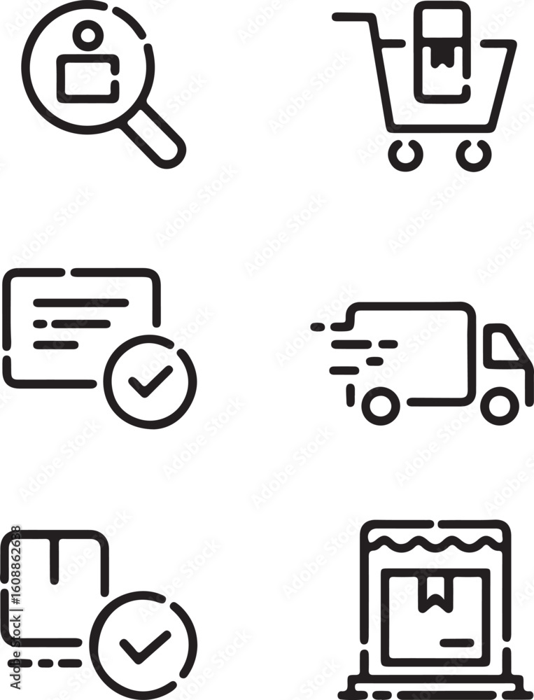 Poster Set of Black Outline E commerce Icons on White Background Representing Online Shopping Delivery Order Tracking and Payment Confirmation for Websites and Mobile Applications Design