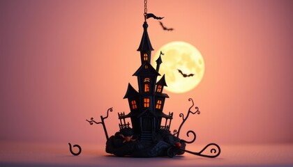 Enchanting miniature spooky haunted house silhouette with a captivating backdrop