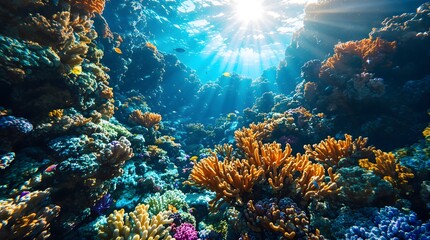 Naklejka premium Vibrant underwater coral reef teeming with colorful marine life and sunlit rays piercing the ocean.
