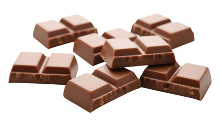 Fototapeta premium Pile of milk chocolate bar pieces isolated on transparent background