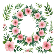 Watercolor floral illustration set.  pink flowers, green leaves branches collection. Bouquet wreath frame border. 