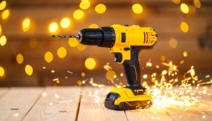 Yellow cordless drill on wood table with sparks