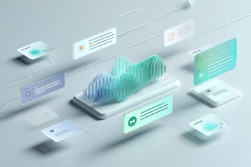 A floating futuristic UX design for fintech dashboard with pie charts, clean data, and soft glowing holograms. 