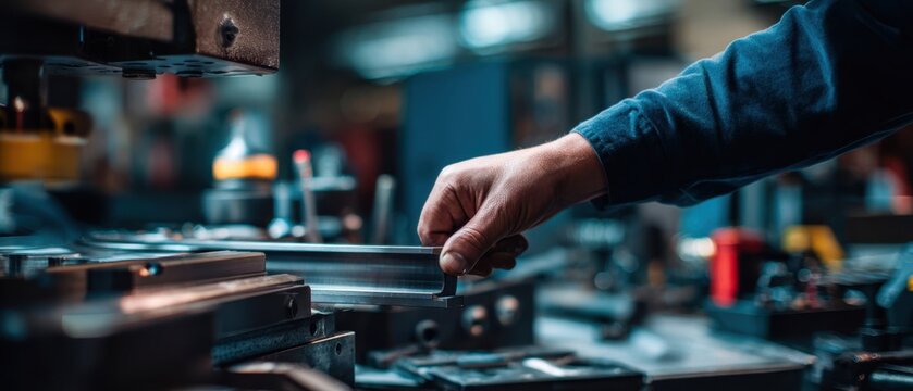 The skilled hand adjusting precision metal parts in a busy manufacturing workshop.