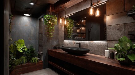 Dark, moody bathroom with a black vessel sink, wood vanity, and abundant greenery.  Stone walls and warm lighting create a spa-like atmosphere
