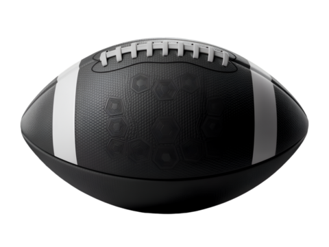 Black football with white stripes and hexagonal pattern isolated on a transparent background