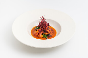 Shrimp in tomato sauce topped with crispy beet garnish and leafy greens